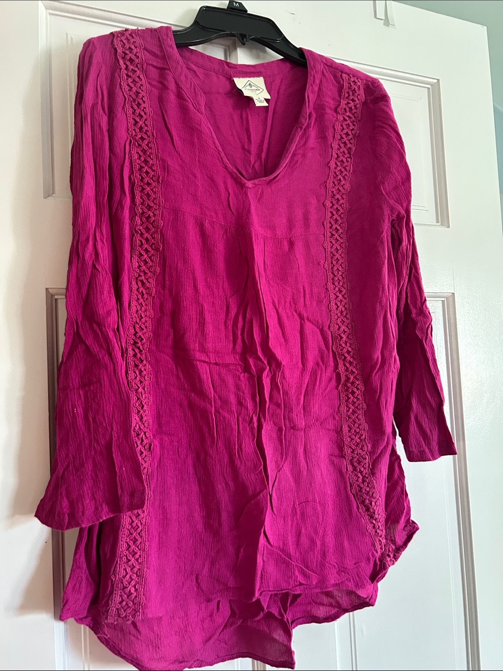 St. John's Bay Fuchsia Crochet-Trim V-Neck Long Sleeve Tunic